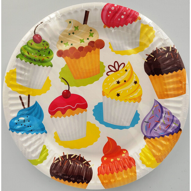 Spalvingos Kupcake Šventės Popierinės Lėkštės - Rinkinys iš 8 (18 cm)
