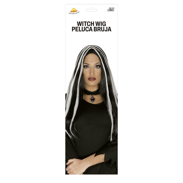 Garš melns parūka ar baltiem pavedieniem