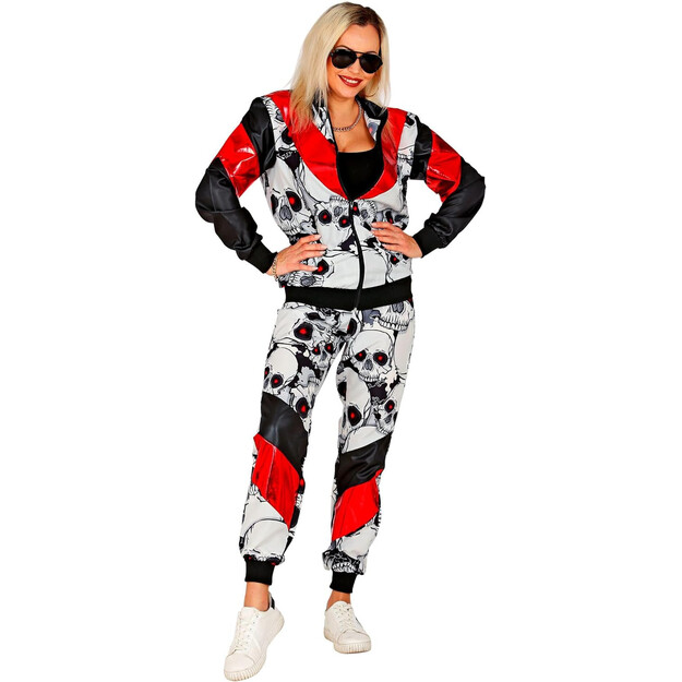 Drąsus ir šiuolaikiškas: juodas ir raudonas su kaukolės raštu suaugusiųjų sportinis kostiumas