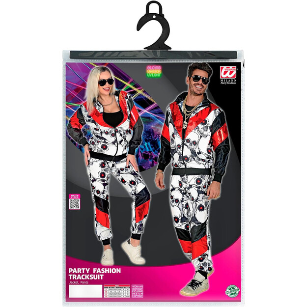 Drąsus ir šiuolaikiškas: juodas ir raudonas su kaukolės raštu suaugusiųjų sportinis kostiumas