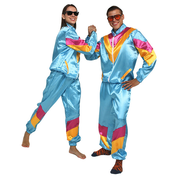 80-ųjų stiliaus žydros spalvos sportinis kostiumas