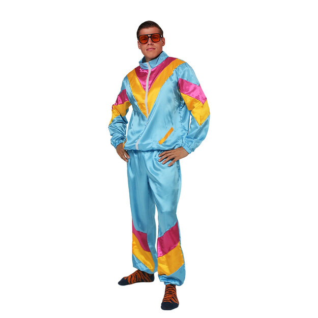 80-ųjų stiliaus žydros spalvos sportinis kostiumas