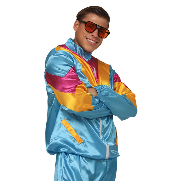 80-ųjų stiliaus žydros spalvos sportinis kostiumas