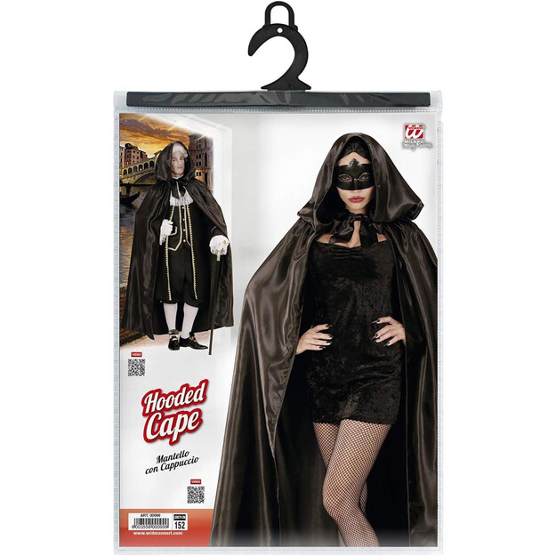 Burvīgs melns satīna kapuce ar kapuci - 145 cm elegances un noslēpumainības