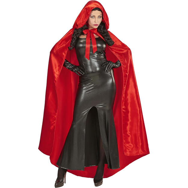 Kerintas 145 cm raudonas satininis gobtuvas su gobtuvu – puikiai tinka įspūdingam pasirodymui!