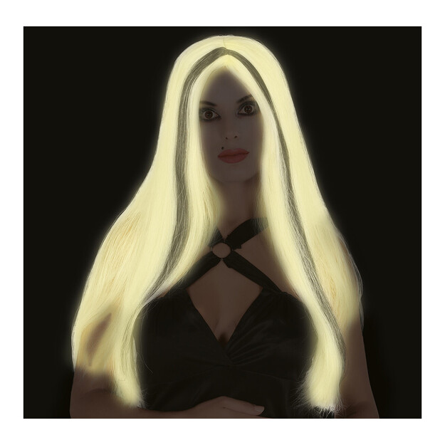 Ilgas baltas tamsoje šviečiantis perukas su juoda sruoga